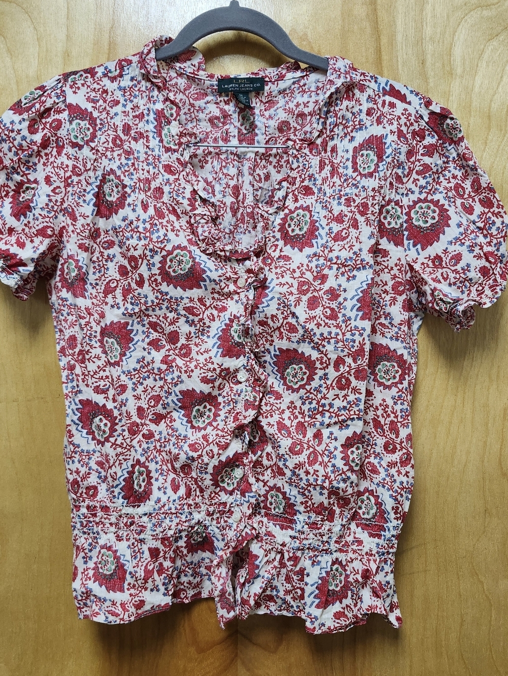 LRL Lauren Jeans Co Size M _Cottage Smocked Boho Blouse Floral Red